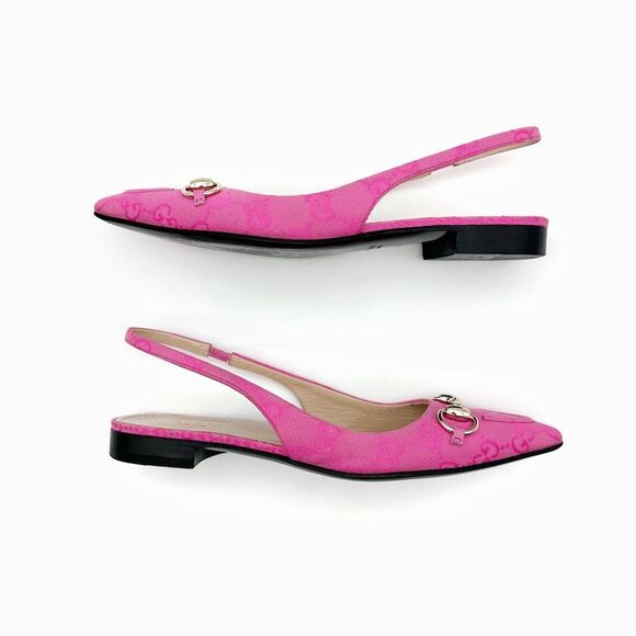 GUCCI Erin Horsebit Pointed Toe Slingback Flat Size 37 Pink GG Guccissima - Picture 8 of 13
